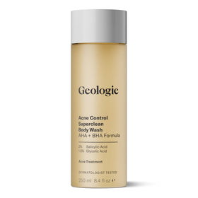 Geologie front packaging showing the acne control body wash bottle and brand clarity