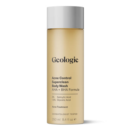 Geologie front packaging showing the acne control body wash bottle and brand clarity