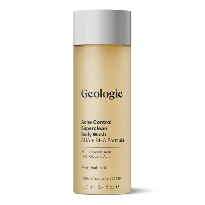 Geologie front packaging showing the acne control body wash bottle and brand clarity