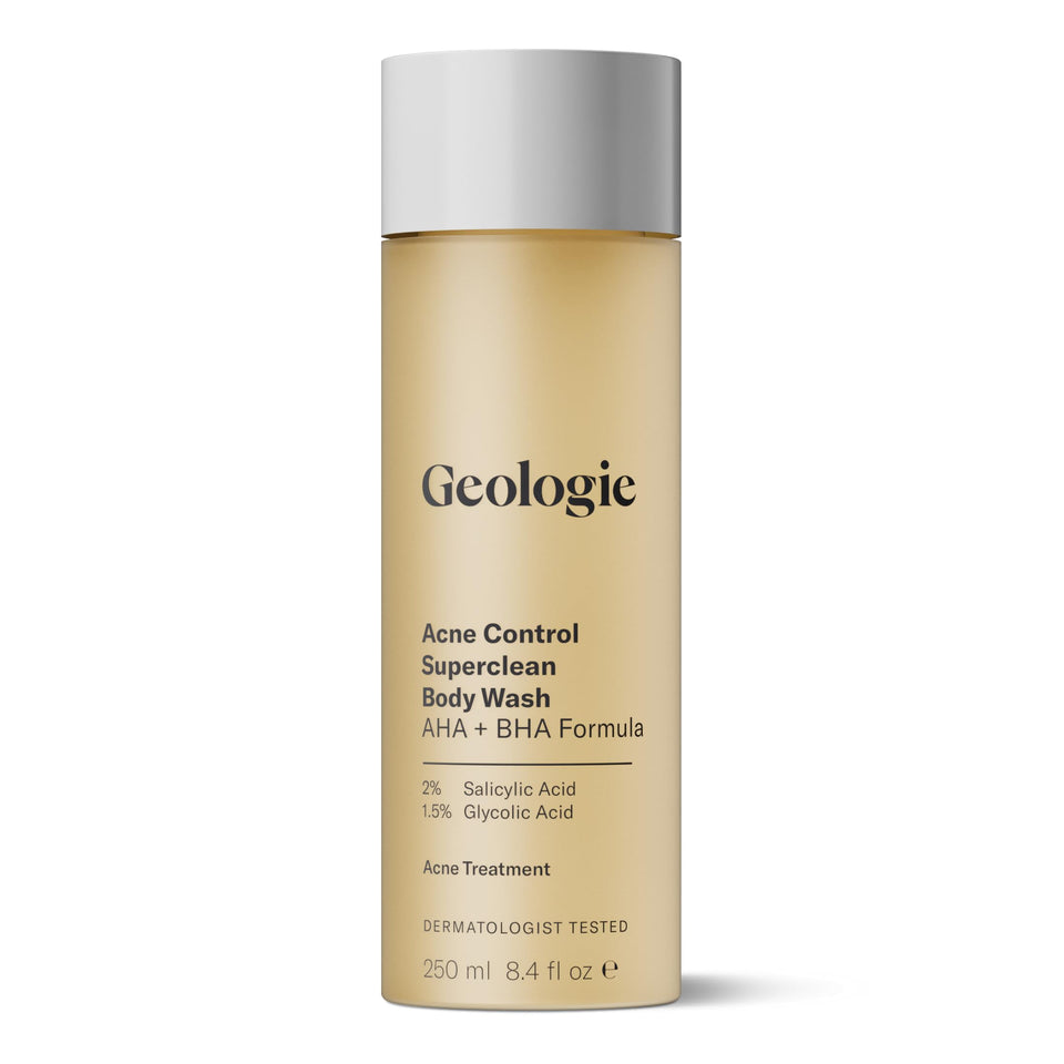 Geologie front packaging showing the acne control body wash bottle and brand clarity