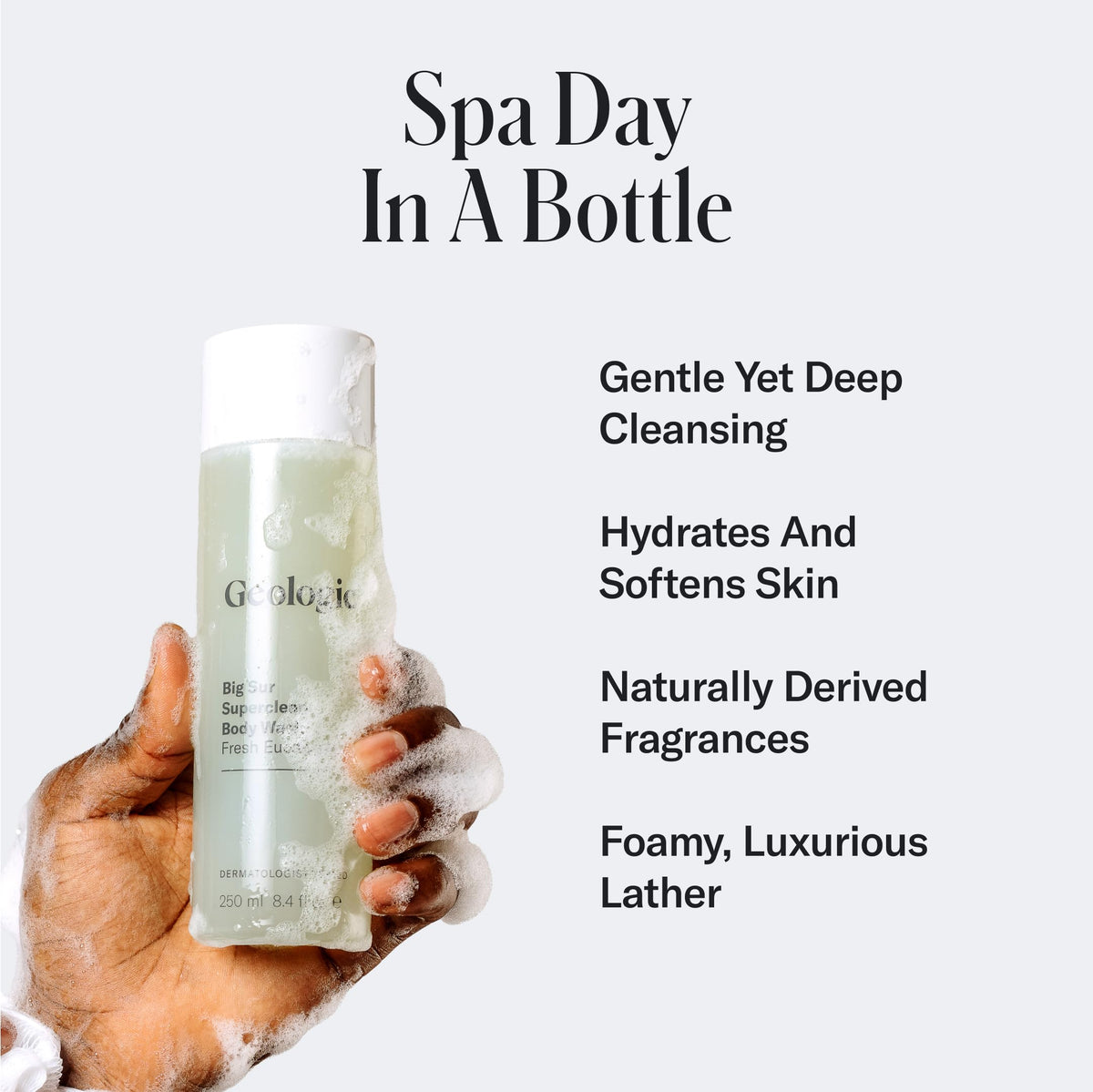 Geologie bottle close-up label highlighting natural ingredients benefit