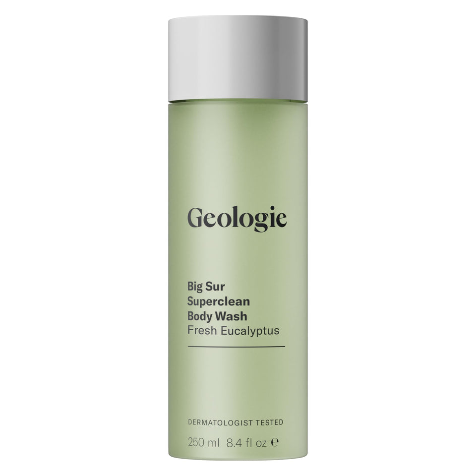 Geologie front packaging showing sleek bottle and eucalyptus appeal