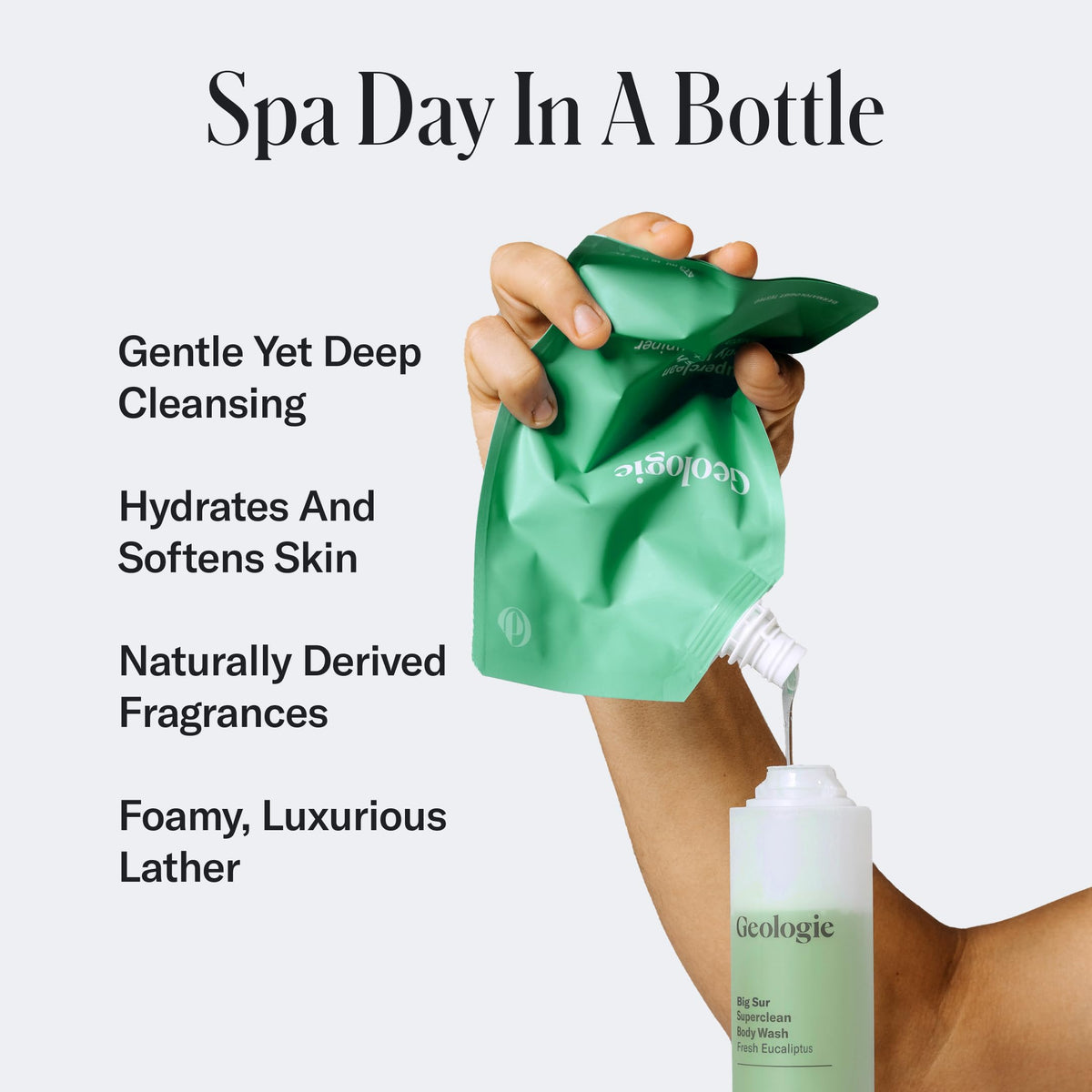 Geologie body wash texture close-up showing creamy lather and moisturizing effect