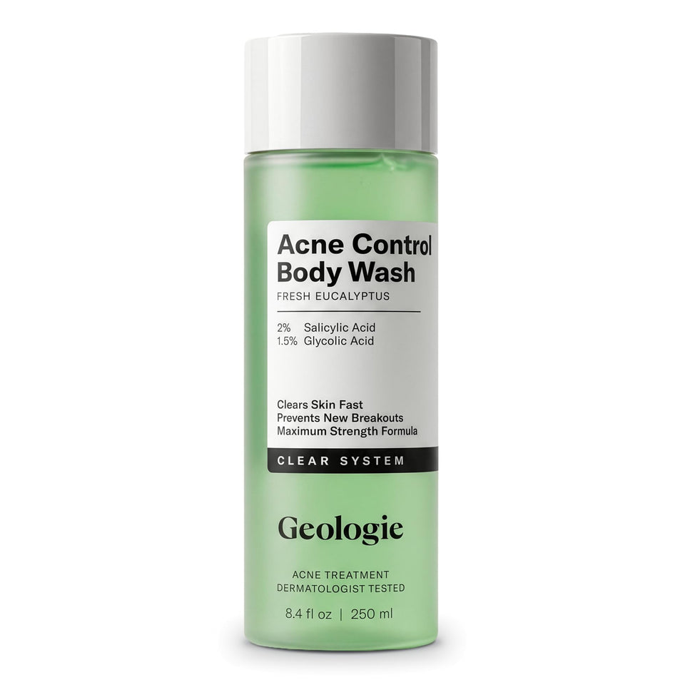 Geologie front bottle view showing clean packaging and acne control benefit