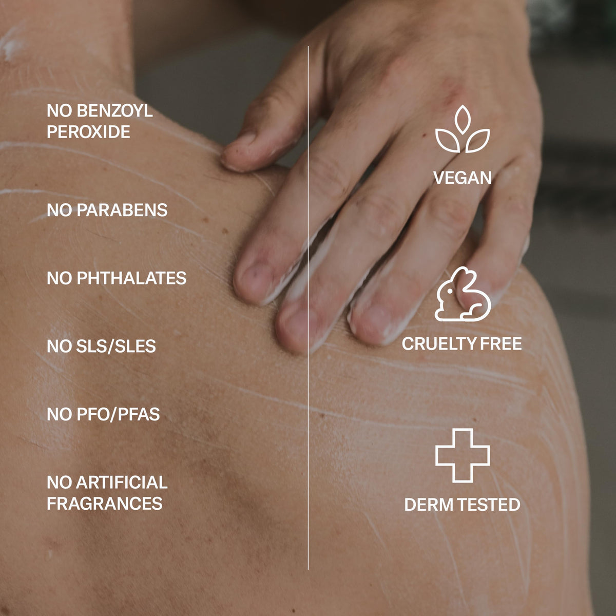 Geologie body wash being applied in shower to back, targets body acne benefit