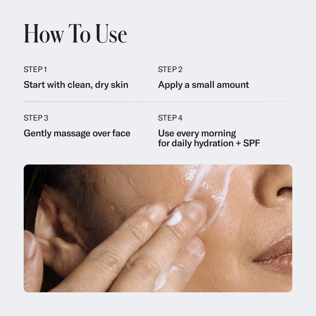Geologie applying cream to cheek illustrating calming and hydrating effect