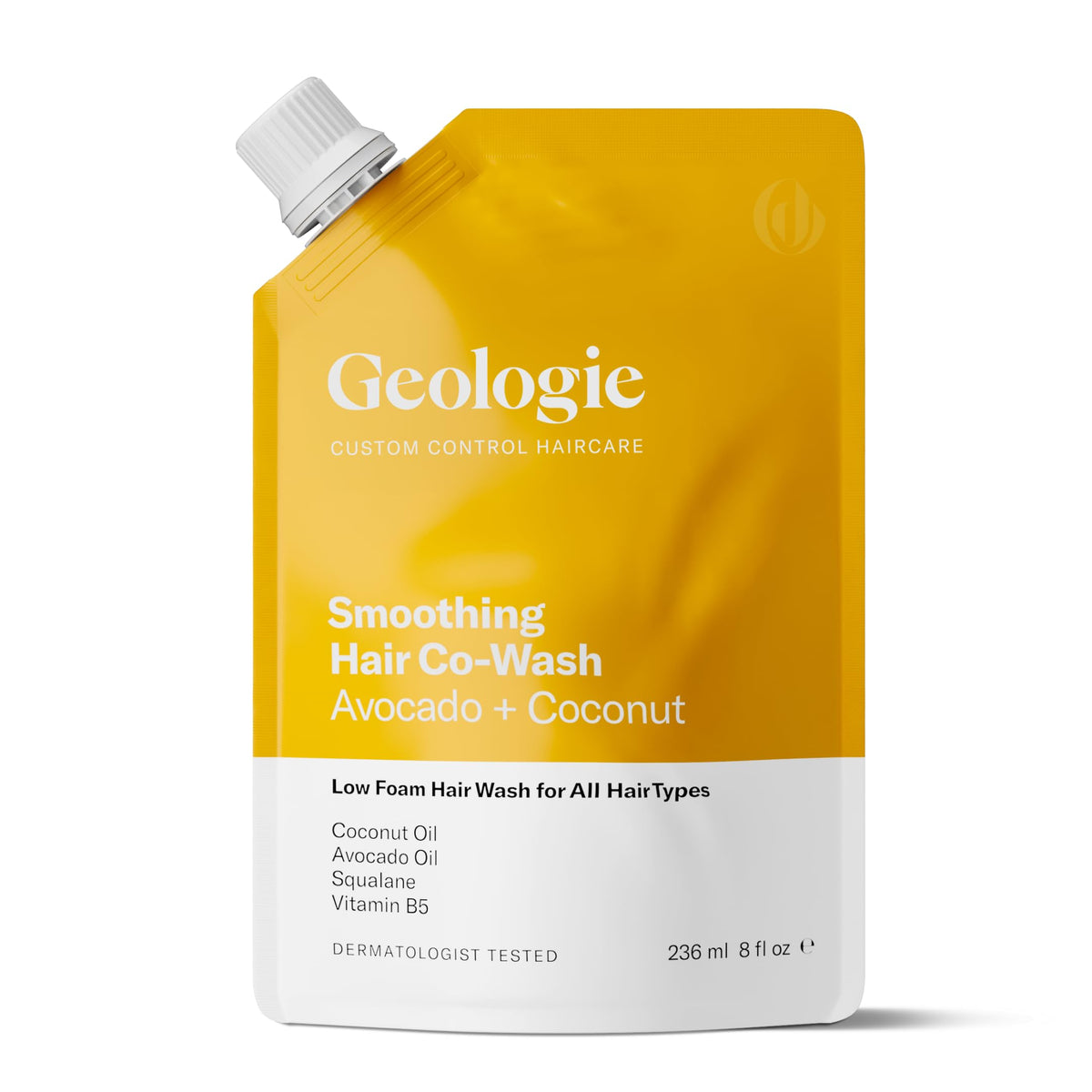 Geologie co‑wash front pouch showing eco pouch and label benefits