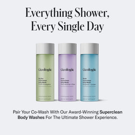 Geologie co-wash on bathroom shelf in lifestyle scene suggesting routine simplicity