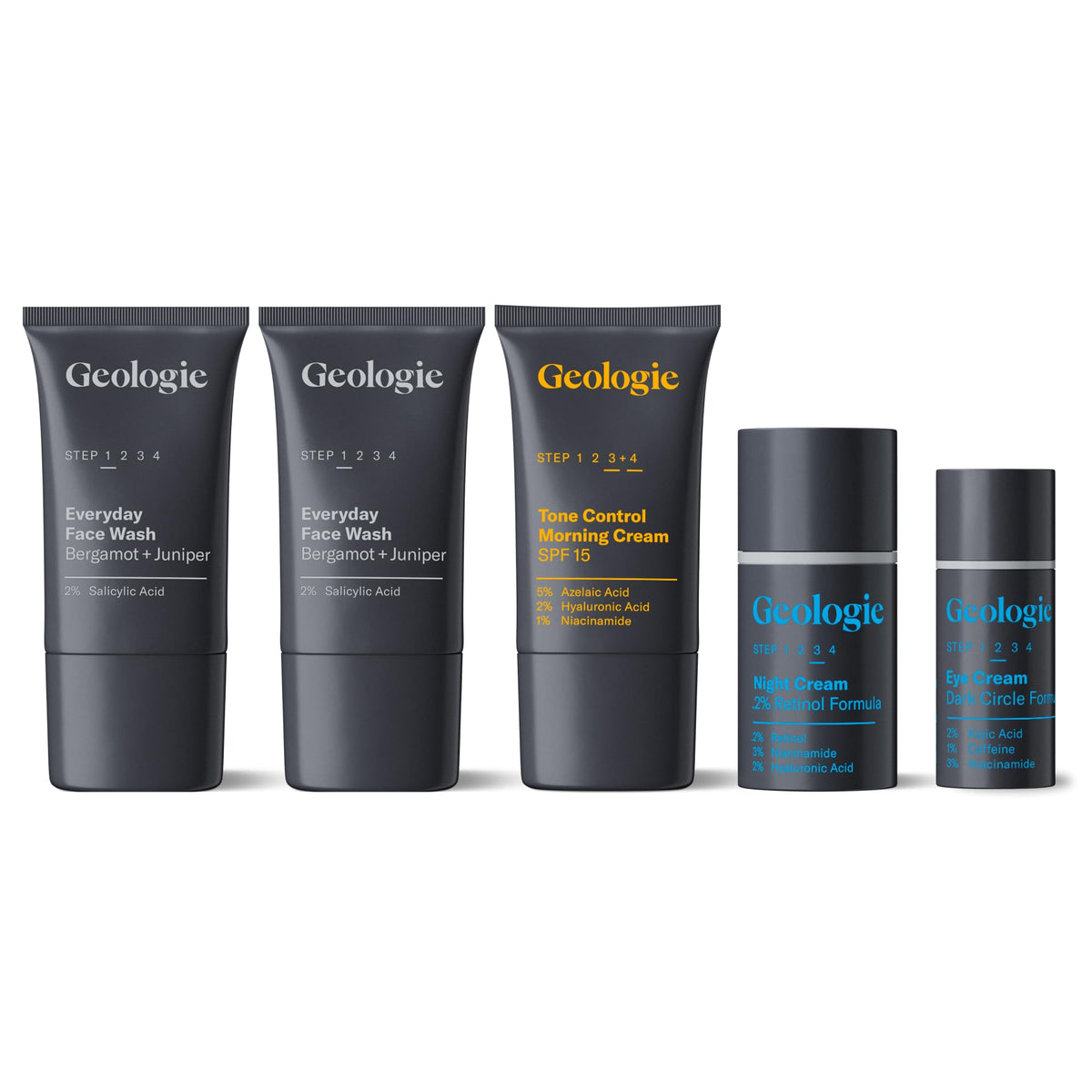 Geologie front packaging of the complete set showing all five products and benefits