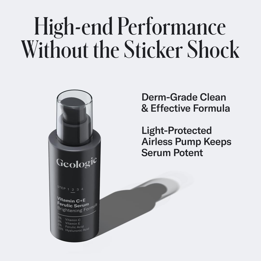 Geologie label close-up listing vitamin C, vitamin E, and ferulic acid