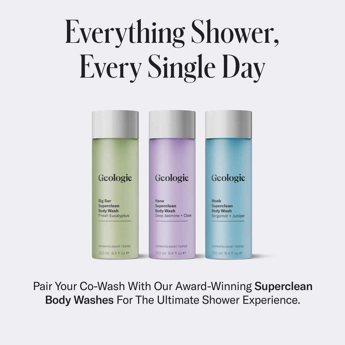 Geologie co‑wash on bathroom shelf in lifestyle setup signaling routine simplicity