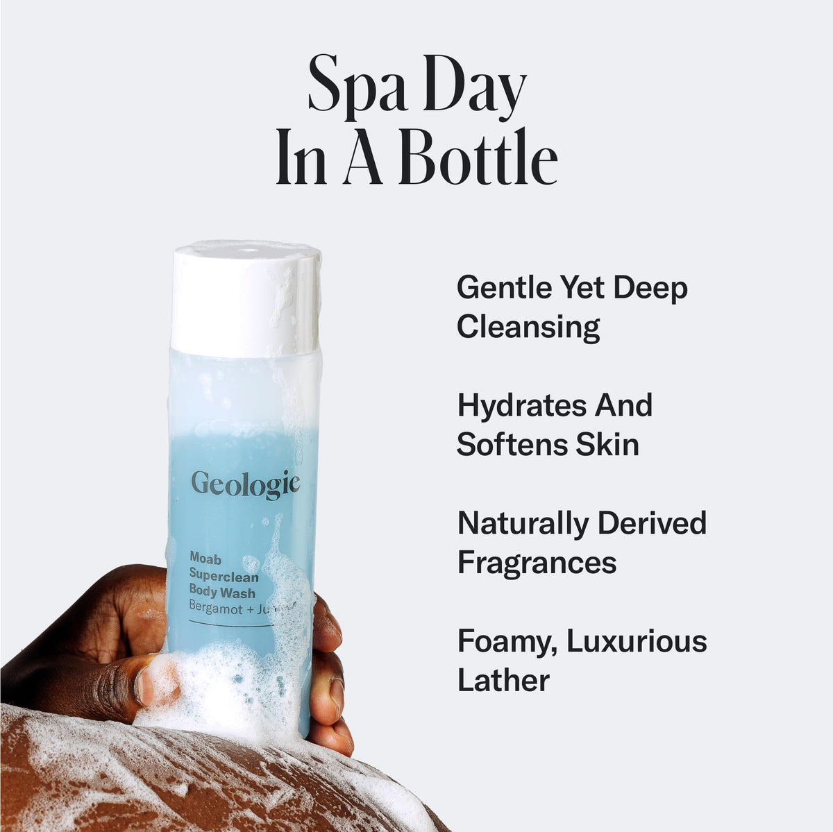 Geologie lather close-up showing rich foam and hydrating texture for smooth skin