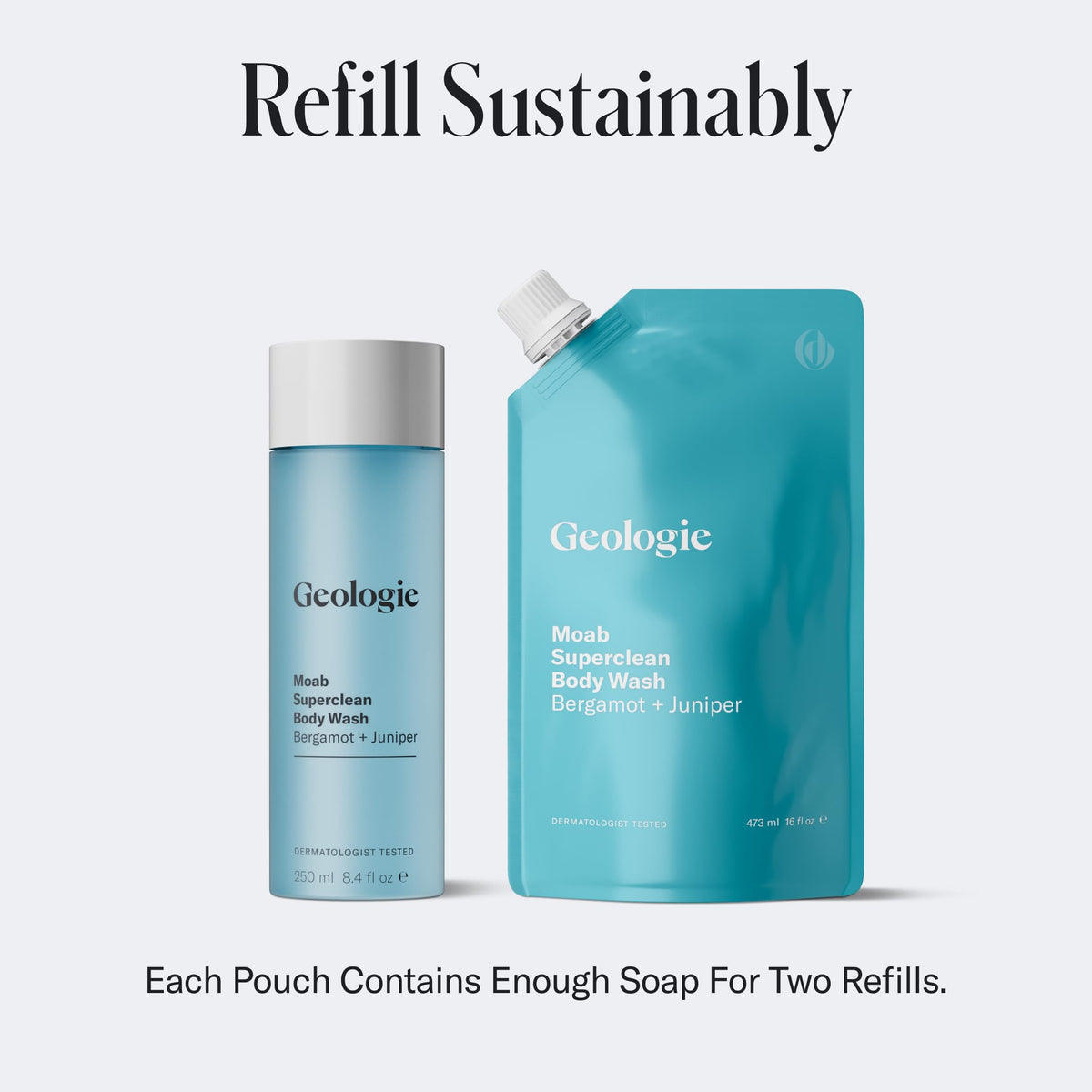 Geologie refill pouch image showing eco-friendly packaging and reduced plastic waste