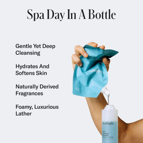 Geologie Moab pouch being poured into bottle demonstrating convenient refill