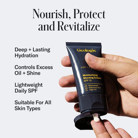 Geologie moisturizing face cream with SPF15 pump highlighting quick-absorbing hydration
