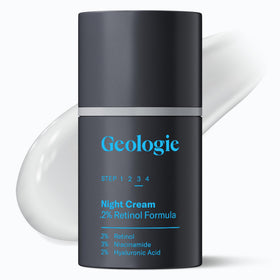 Geologie retinol cream jar front view showing product benefit of targeted renewal