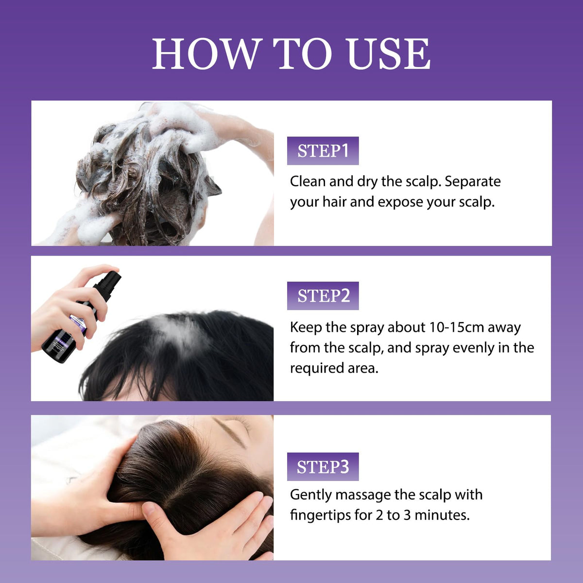 Geynaw solution on scalp demonstrating targeted application and quick-dry texture benefit