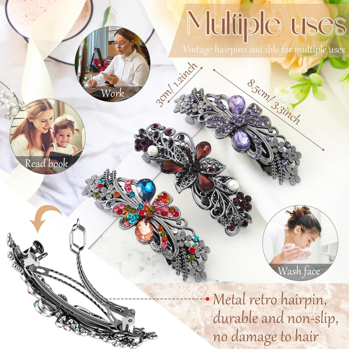 Geyoga close-up of a floral barrette detail highlighting delicate craft and shimmer