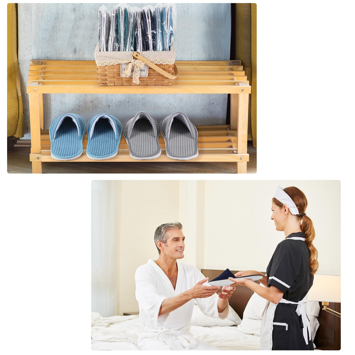 Geyoga slippers laid in hotel room to show guest-ready professional presentation