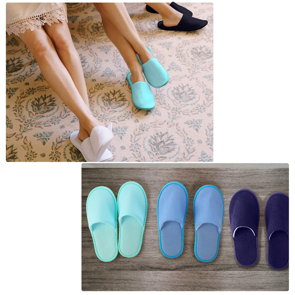 Geyoga slippers placed on hotel bathroom floor for guest readiness