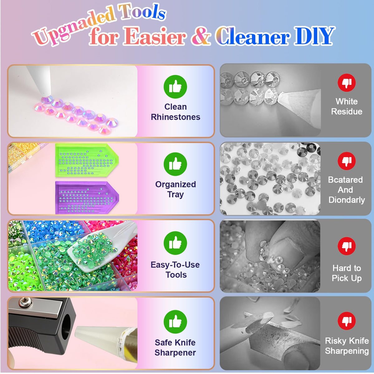 GGDECA included tools layout with glue pens and tweezers enabling precise rhinestone placement