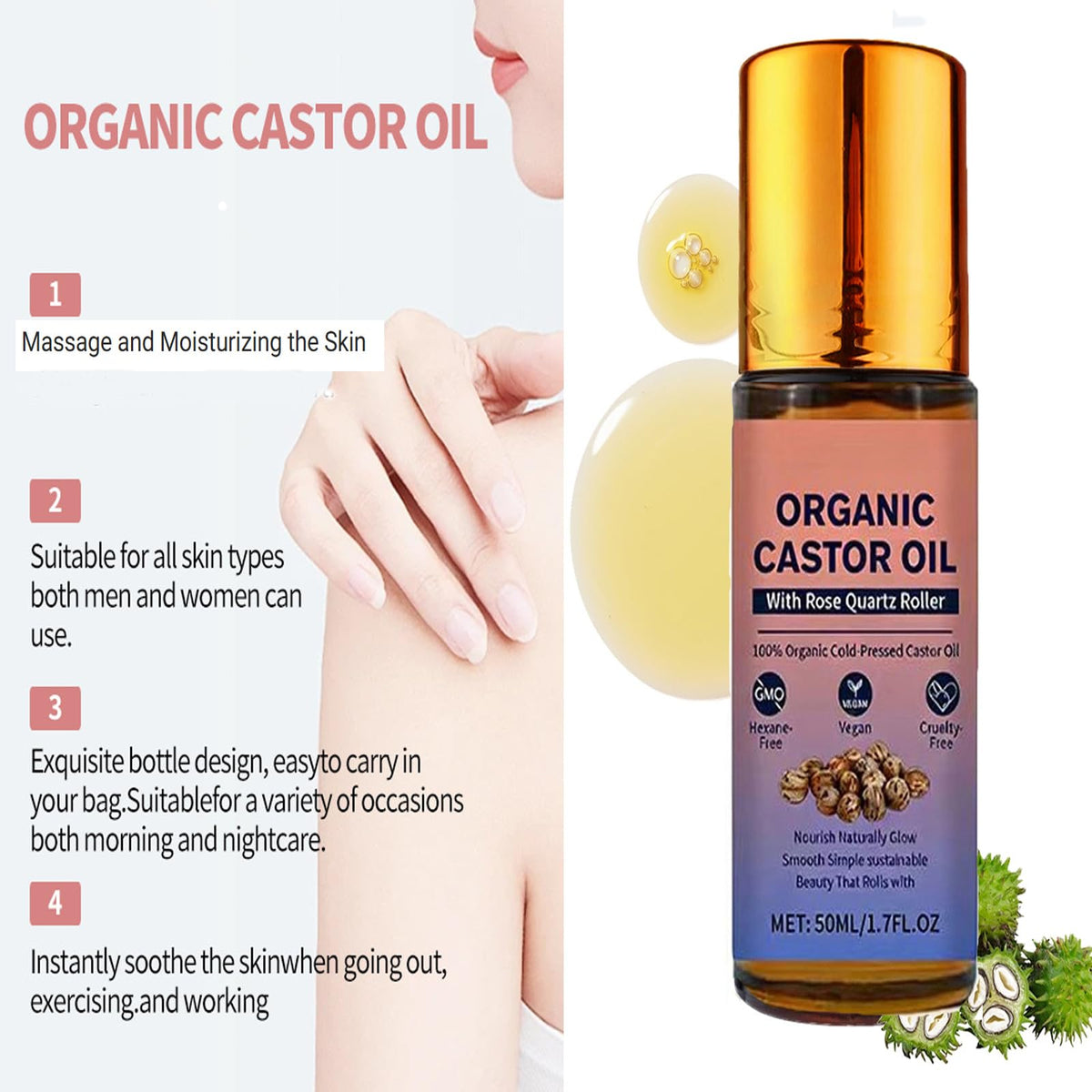 GHTPJ cold-pressed castor oil visual with ingredients showing purity and extraction benefit