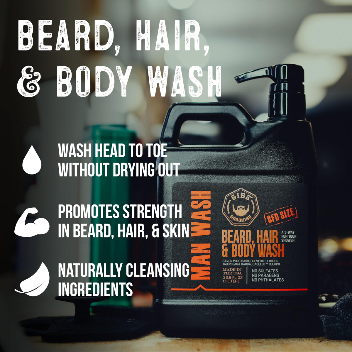GIBS pump dispensing man wash with lather, quick easy application benefit