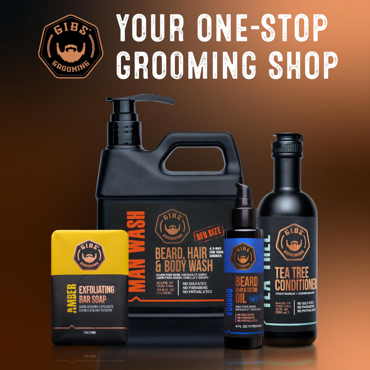 GIBS bottle styled on bathroom counter illustrating rugged grooming appeal