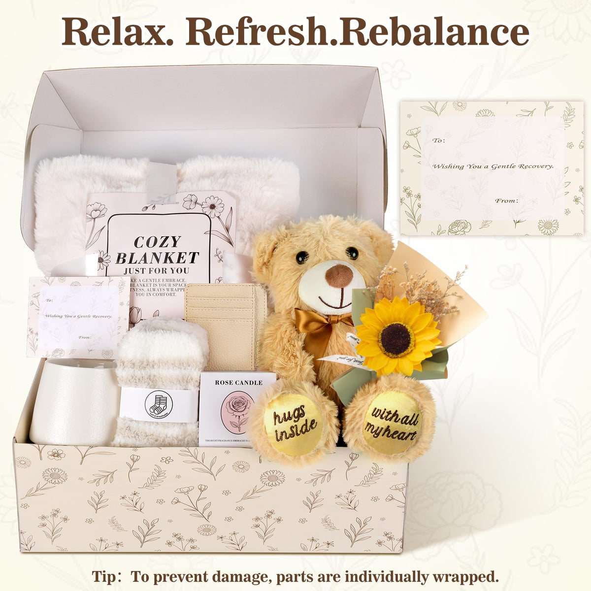 GiftBliss woman opening box receiving comforting gifts to feel supported