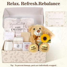 GiftBliss woman opening box receiving comforting gifts to feel supported