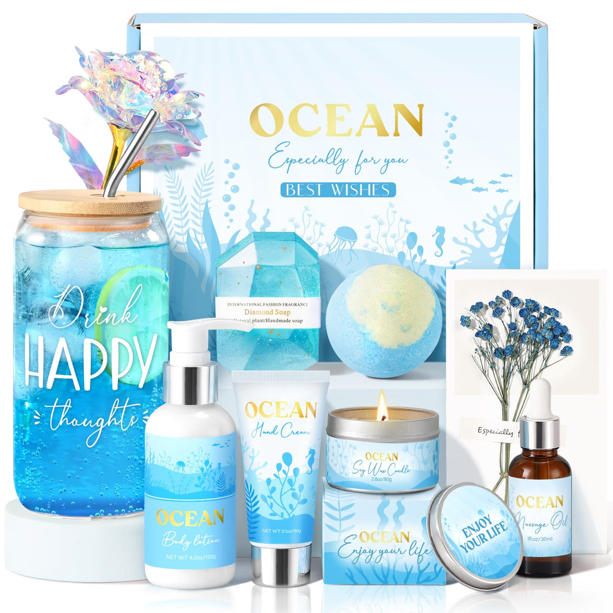 GiftPeak boxed spa set front view showing all nine items for a ready-to-give present
