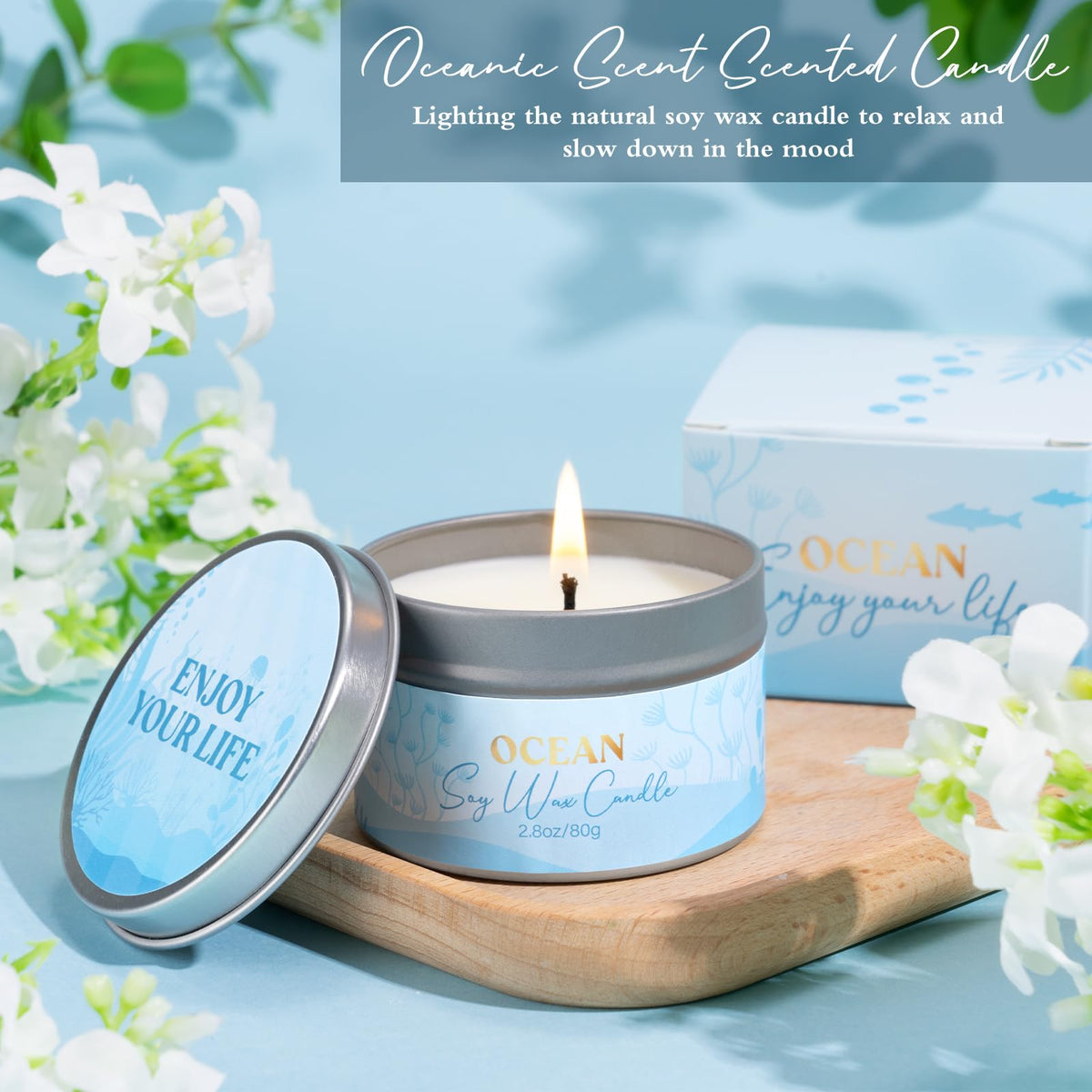 GiftPeak soy wax candle burning to create a calming ocean-scented atmosphere