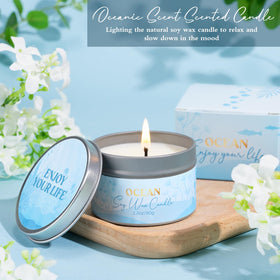 GiftPeak soy wax candle burning to create a calming ocean-scented atmosphere