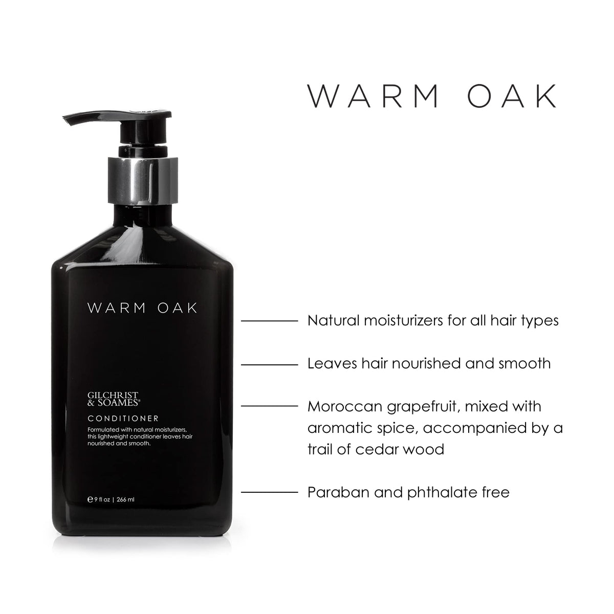 Close-up of Gilchrist & Soames label detailing scent notes and paraben-free benefits