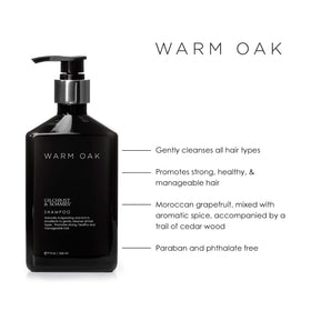 Gilchrist & Soames label close-up highlighting Warm Oak scent and clean-ingredient claims