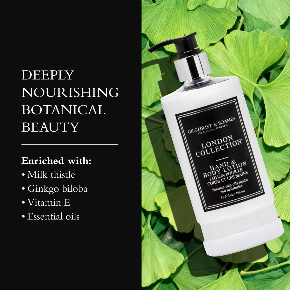 Gilchrist & Soames ingredients label highlighting botanical extracts and clean formulation