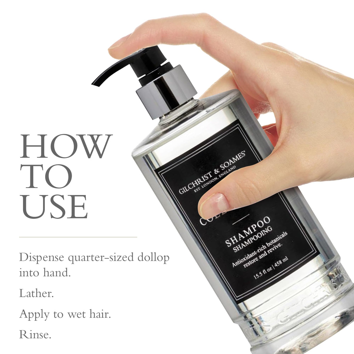 Gilchrist & Soames shampoo in shower environment illustrating easy daily use and refreshing scent