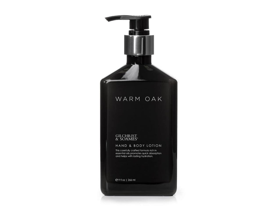 Gilchrist & Soames front bottle showing warm oak label and elegant packaging benefit