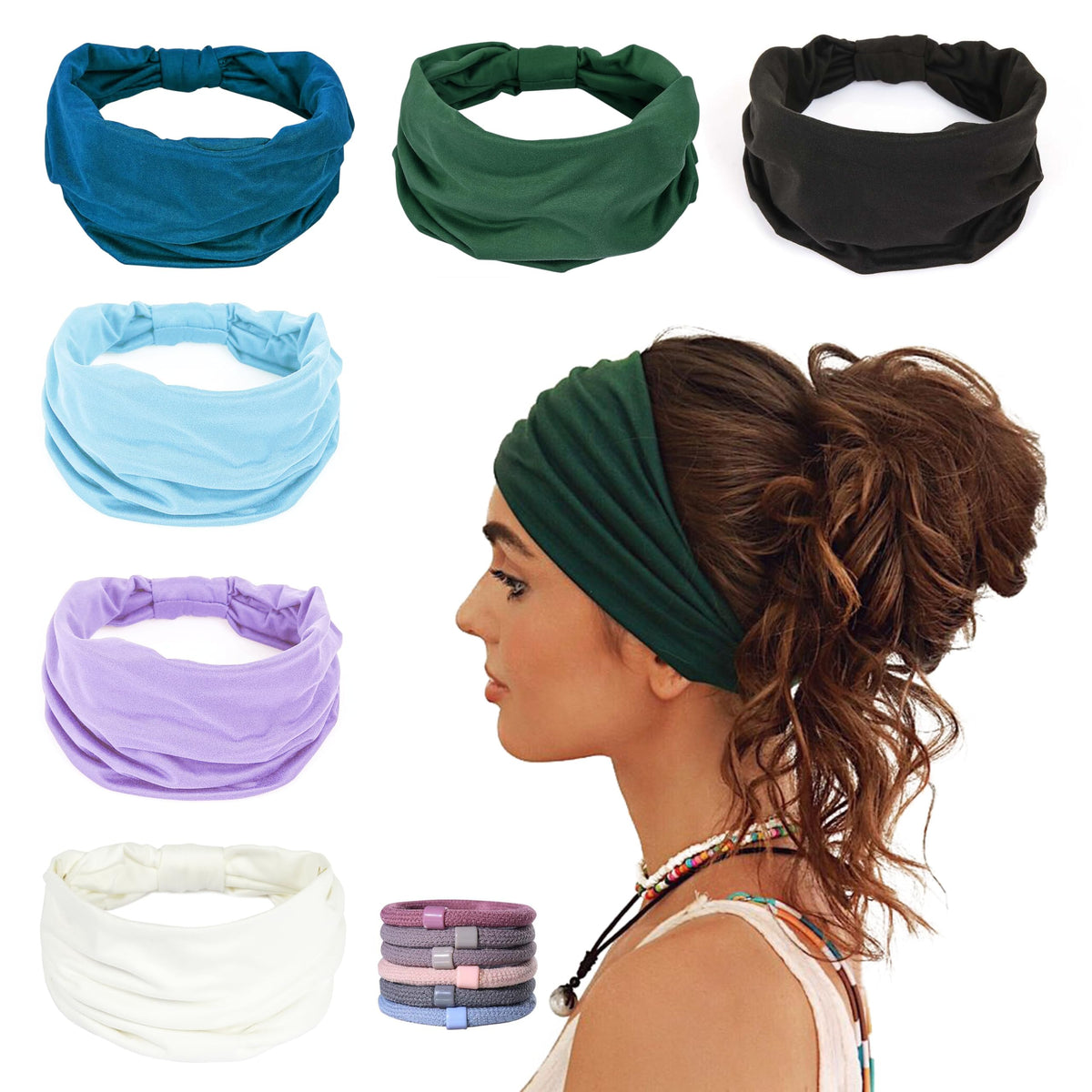 GiLi front pack showing six colorful headbands and included hair ties for outfit variety