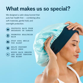 GIMME bonnet in use side profile on model showing coverage benefit: protects hair overnight