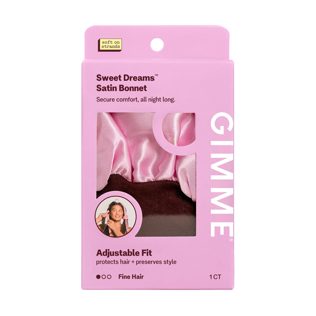 GIMME Sweet Dreams bonnet front view showing pink satin and comfortable fit benefit: sleep-protective