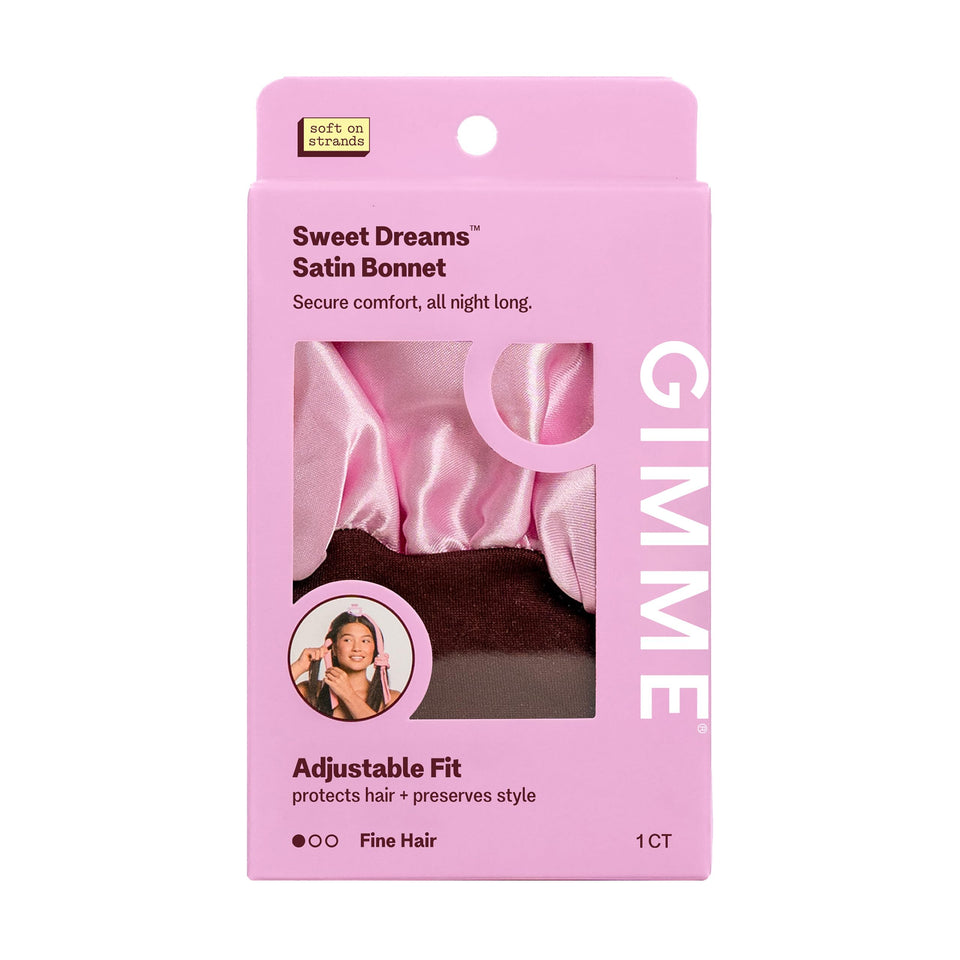 GIMME Sweet Dreams bonnet front view showing pink satin and comfortable fit benefit: sleep-protective