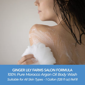Ginger Lily Farms rich lather on loofah illustrating gentle cleansing benefit