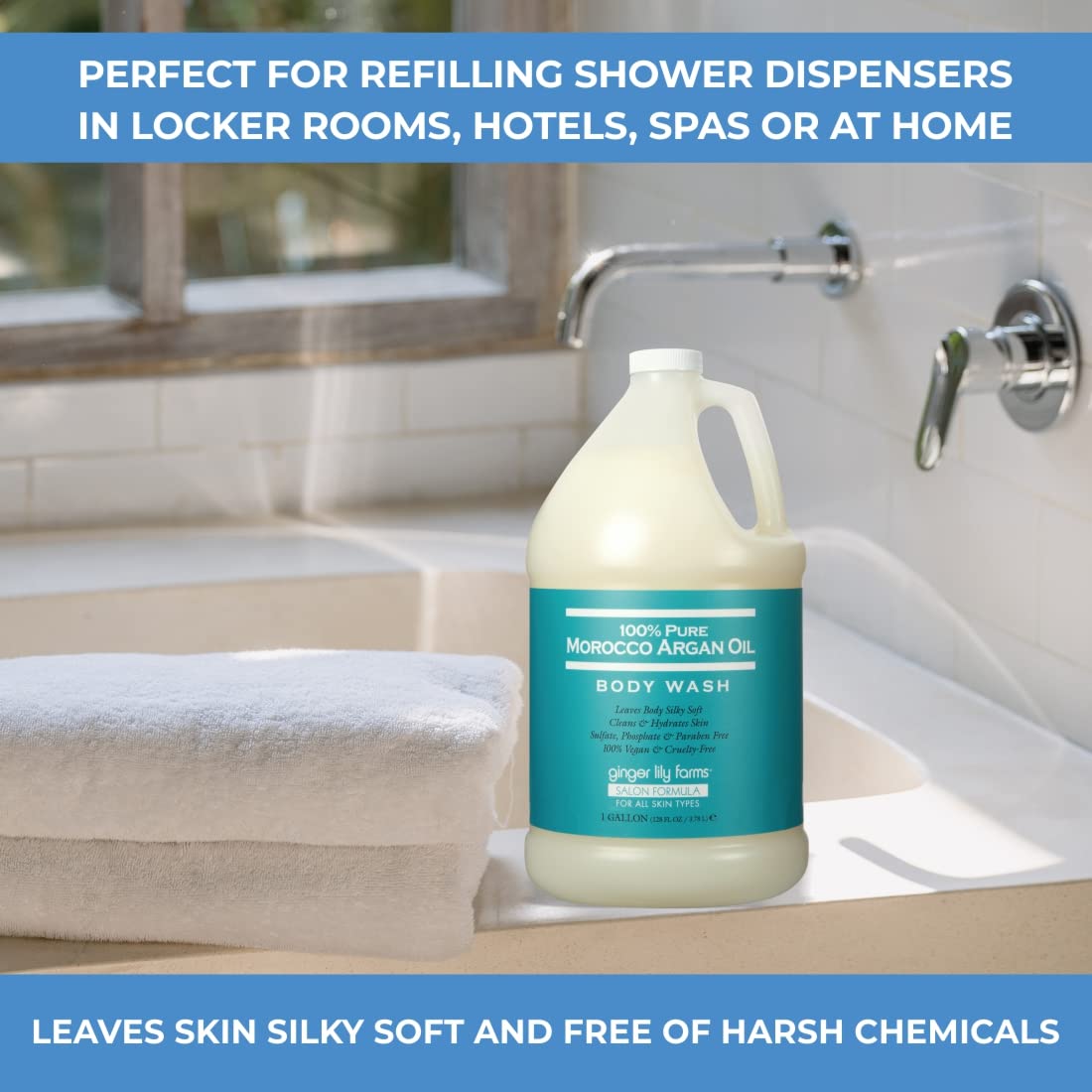 Ginger Lily Farms product staged in spa bathroom showing professional-quality benefit