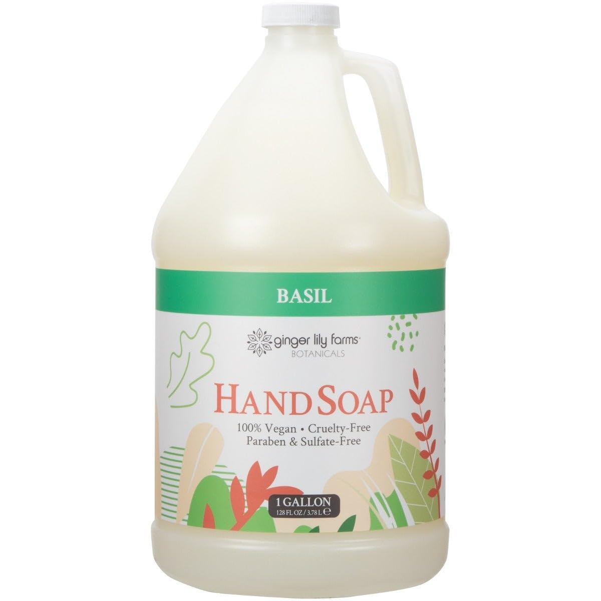 Ginger Lily Farms gallon front label showing basil scent and vegan benefit