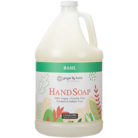 Ginger Lily Farms gallon front label showing basil scent and vegan benefit