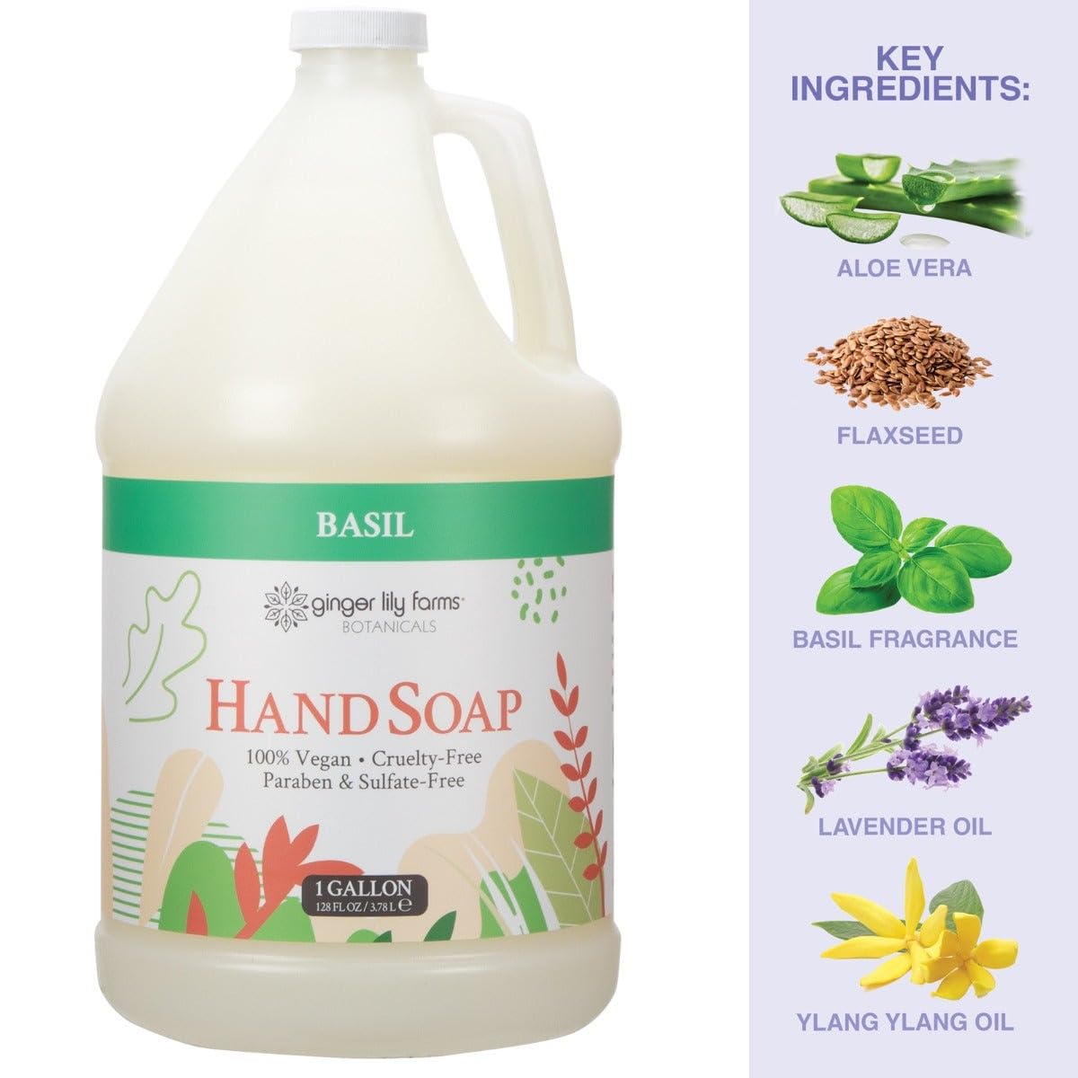 Ginger Lily Farms gallon next to common items to show 128 fl oz scale