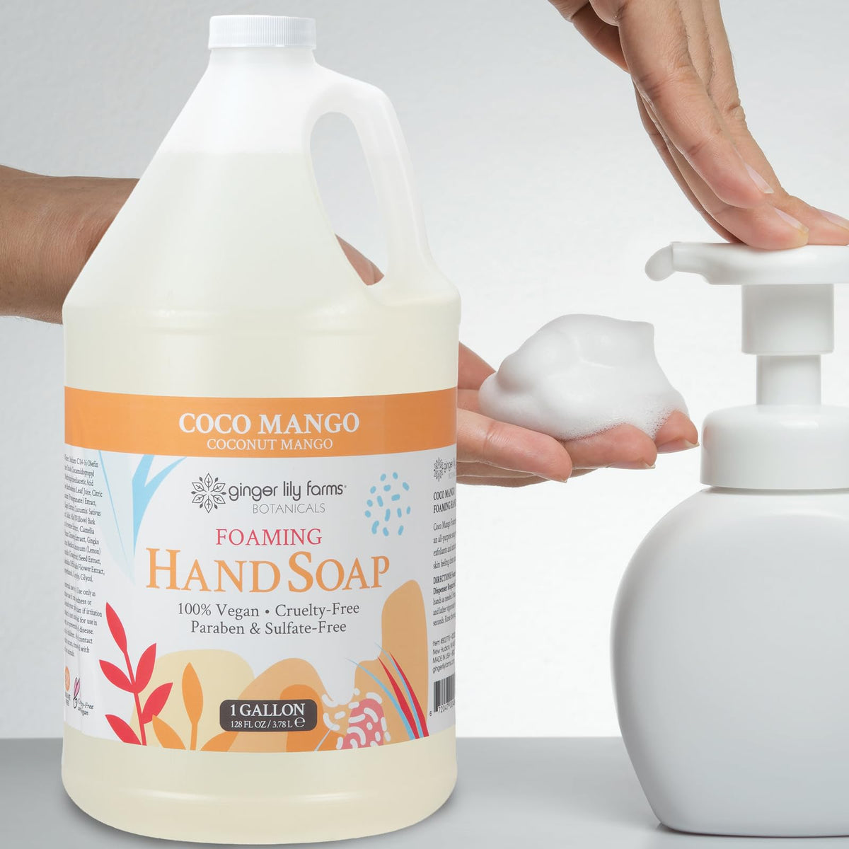 Ginger Lily Farms foaming soap in a bathroom setting offering tropical scent ambiance