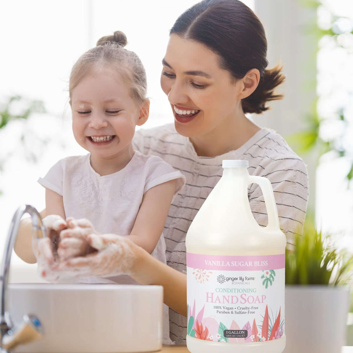 Ginger Lily Farms in a styled bathroom setting suggesting professional, pleasant hand care