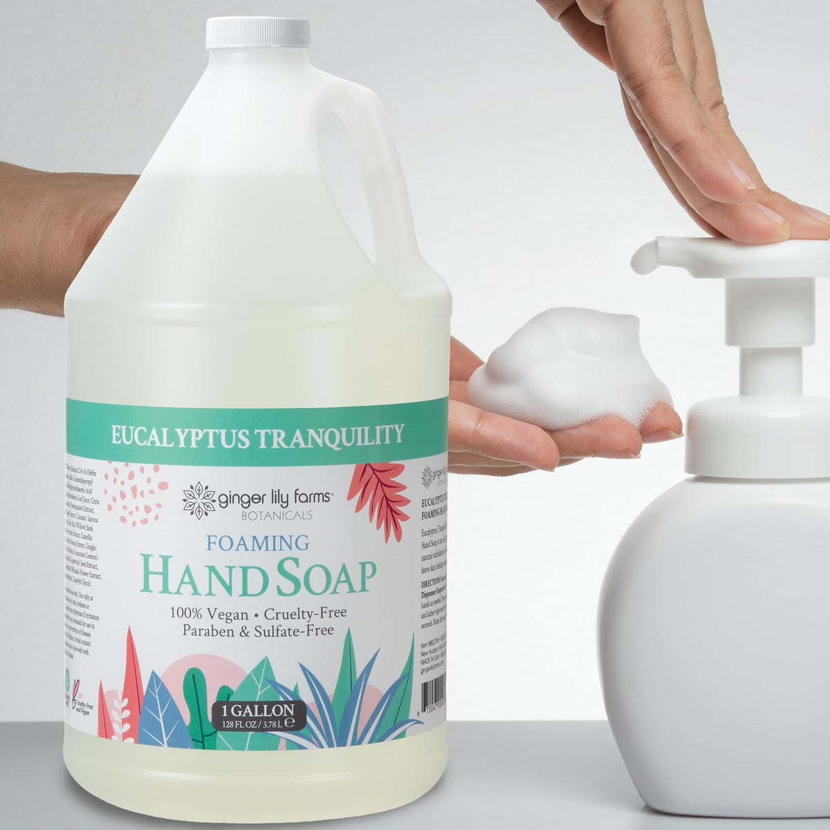 Ginger Lily Farms bathroom lifestyle scene showing calming eucalyptus scent